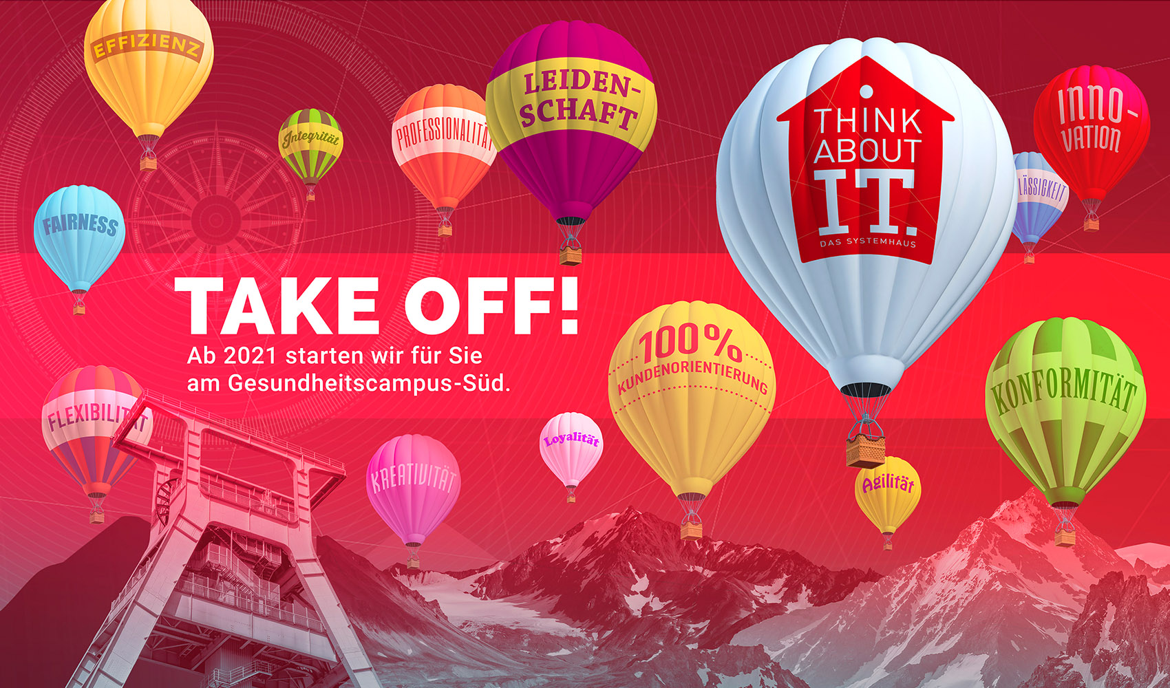 Überschrift Take OFF! Ab 2021 starten wir für Sie am Gesundheitscampus-Süd. Im Hintergrund fliegen mehrere Heißluftballons mit den Aufschriften: Leidenschaft, Professionalität, Effizienz und so weiter.