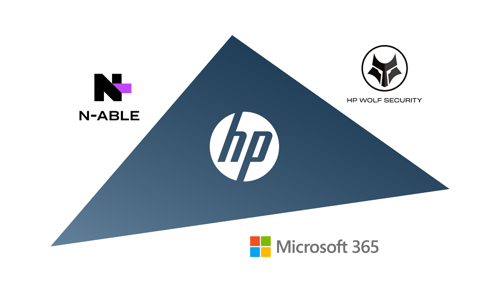 Ein Dreieck mit dem HP Logo in der Mitte. An den drei Seiten des Dreiecks sind jeweils die Logos: N-Able, HP Wolf Security und Microsoft 365.