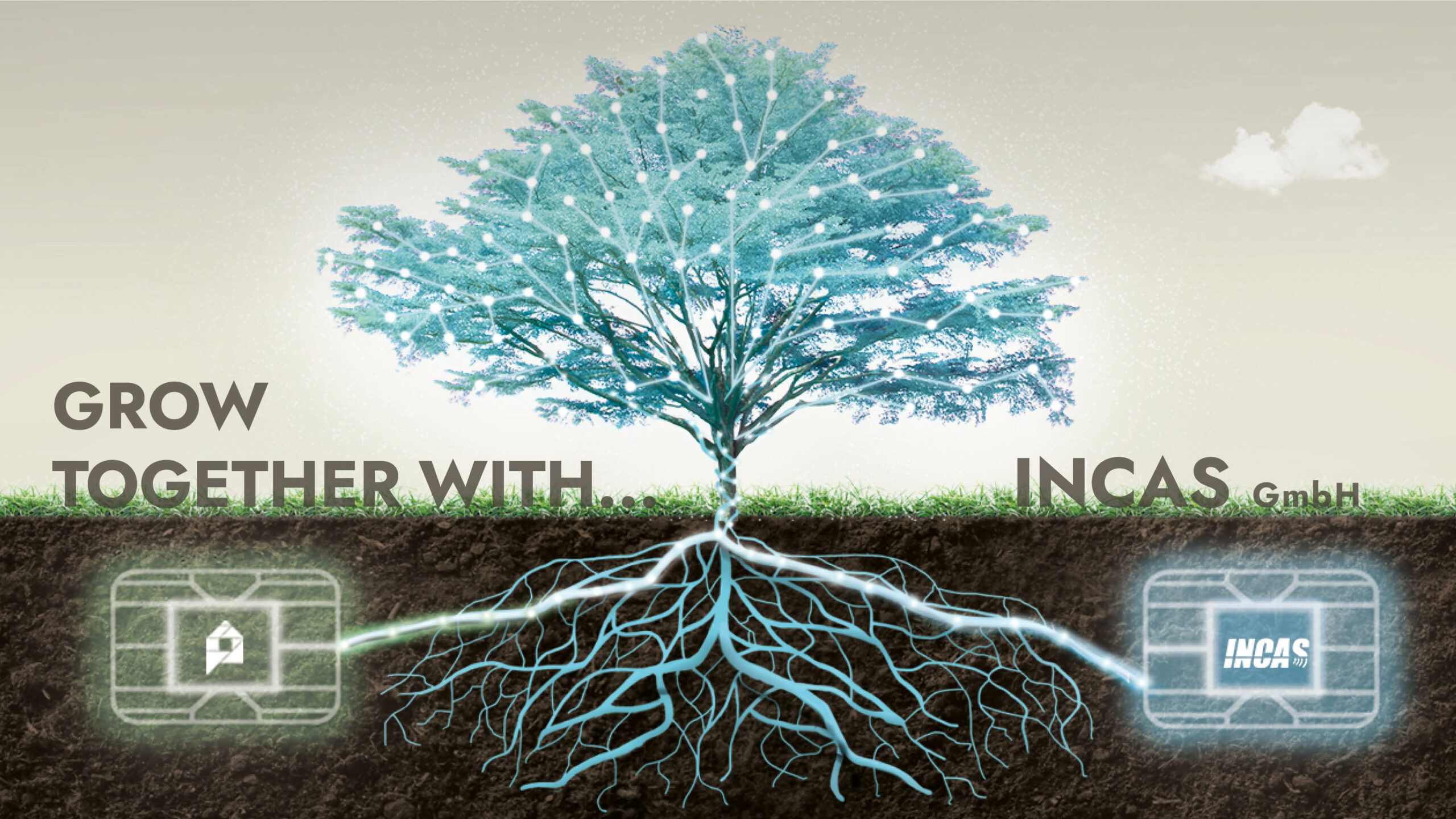 In der Bildmitte steht ein Baum, dessen Wurzeln sich zu zwei Seiten ausbreiten und eine symbolische Verbindung zwischen dem think abou IT Logo und dem INCAS Logo herstellen.