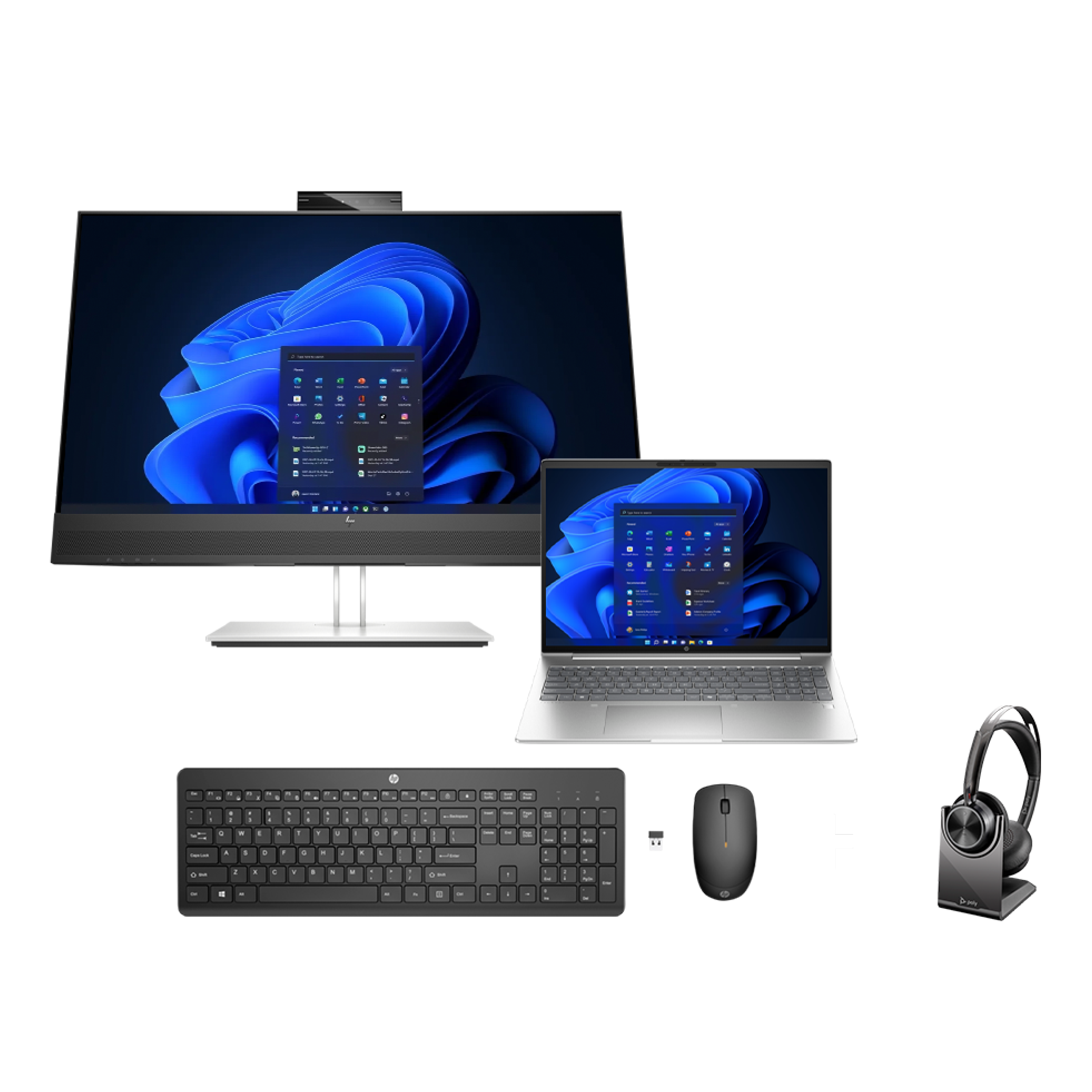 Ein Bundle bestehend aus einem Monitor, Laptop, Tastatur, Maus und Kopfhörern.