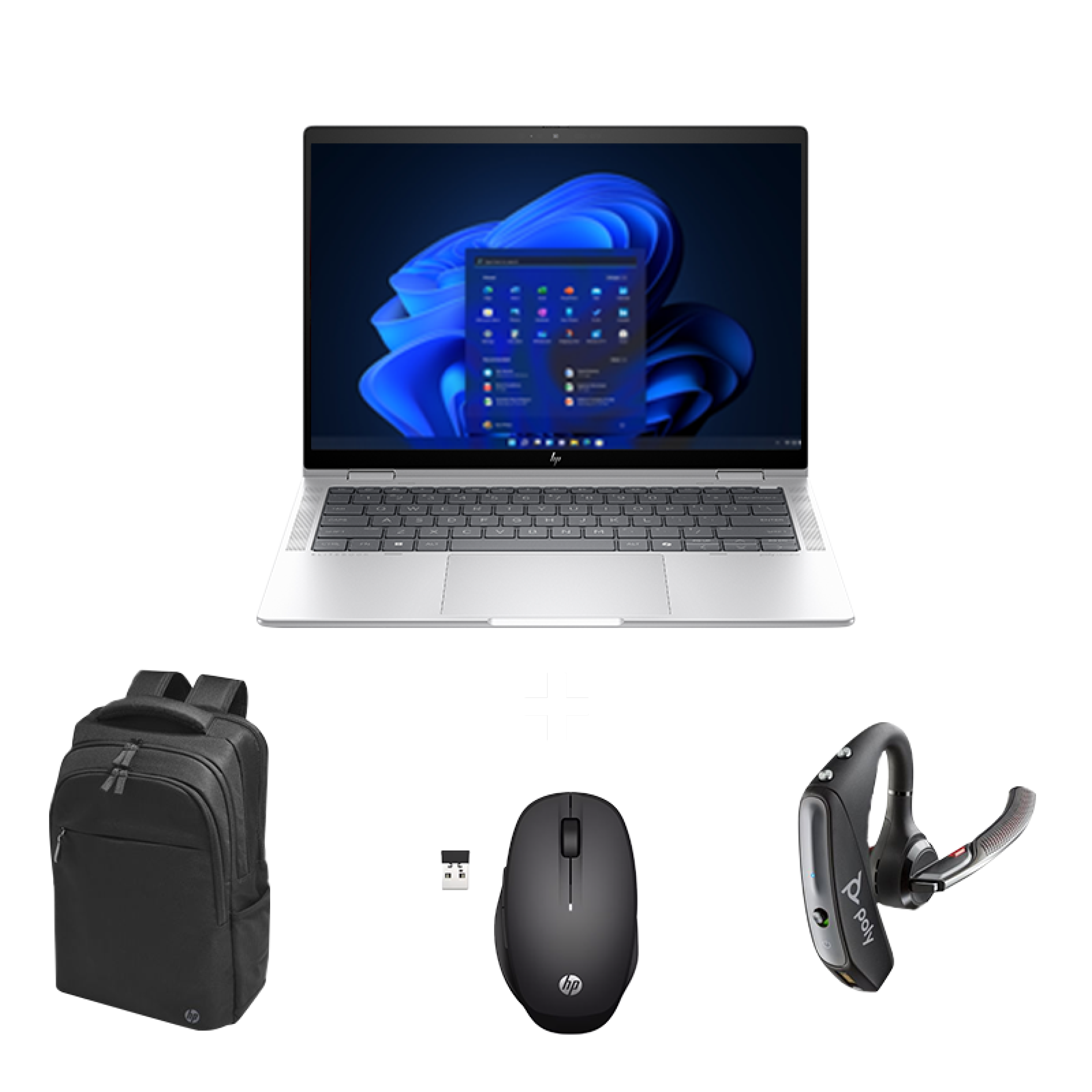 Ein Bundle bestehend aus einem Laptop, Maus, One Earpiece Headset und einem Rucksack.