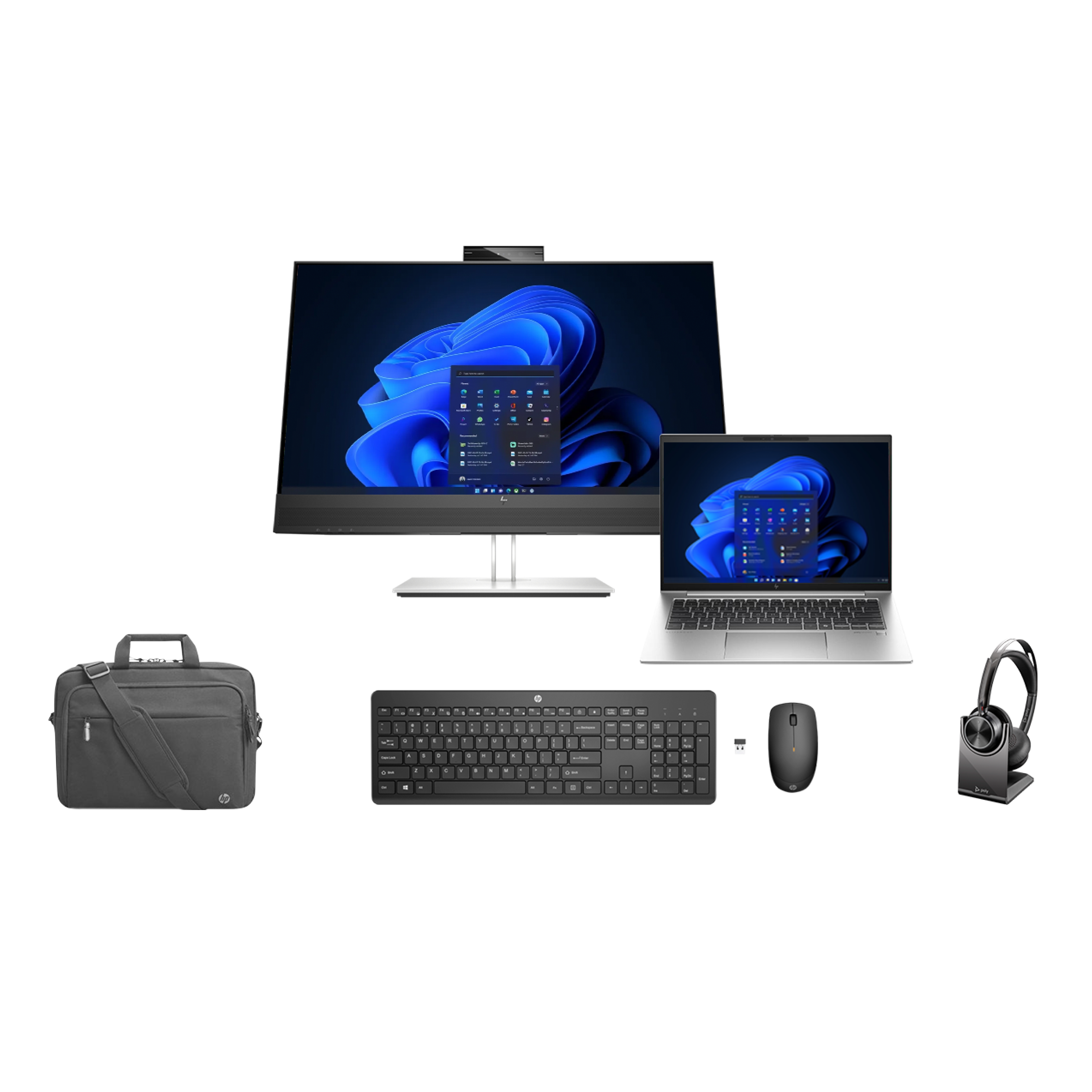 Ein Bundle bestehend aus einem Monitor, Laptop, Tastatur, Maus, einem Headset und einer Laptop Tragetasche.