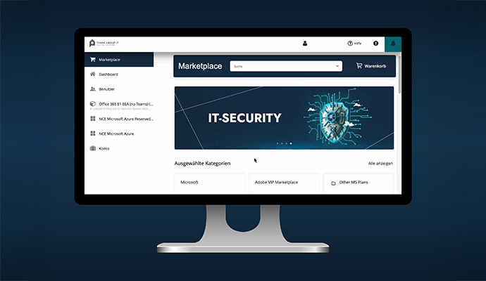 Monitor, der die Benutzeroberfläche des think about IT-Marketplaces mit Produkten und Kategorien anzeigt.
