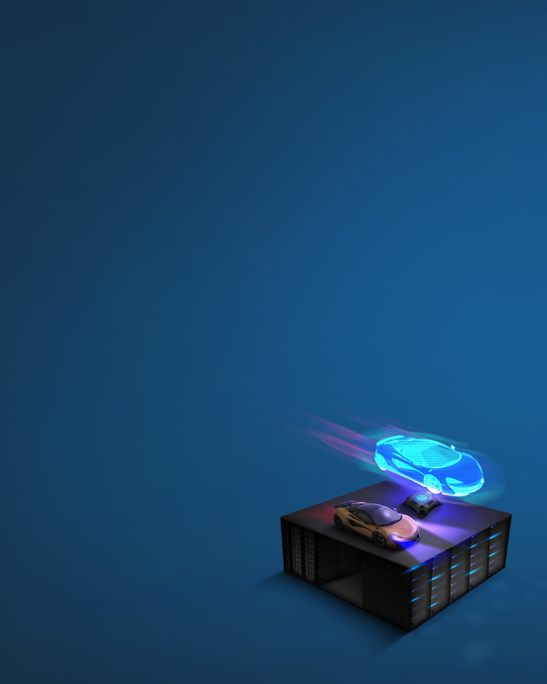 Ein Sportwagen mit eingeschaltetem Licht. Rechts daneben steht ein Hologram des genannten Sportwagen. Das Ganze steht auf einer Plattform, bestehend aus Server Racks.