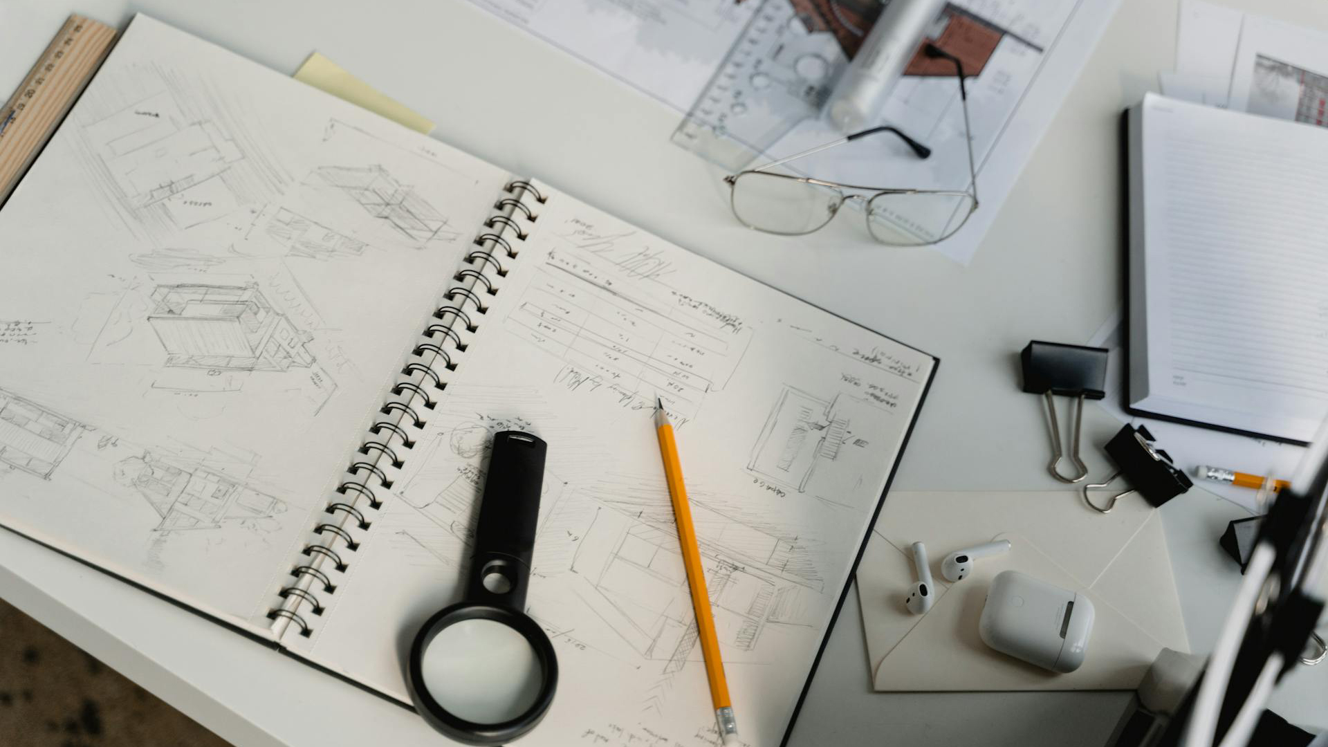 Ein Schreibtisch, auf dem ein Skizzenbuch mit Zeichnungen und anderen Büroutensilien liegt.