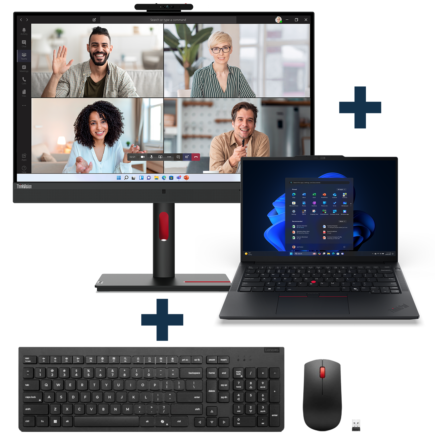  Ein Bundle, mit einem schwarzen Monitor, einem ThinkPad und einer schwarzen Wireless Tastatur mit eine Wireless Maus.