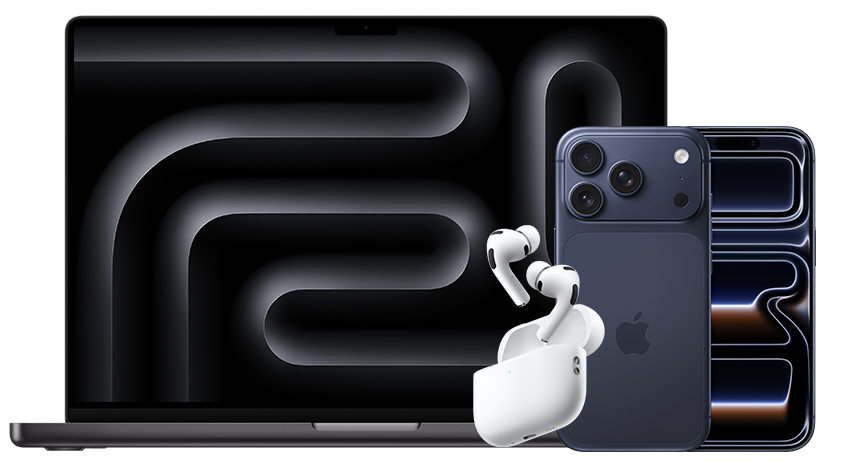 Apple Geräte im Bundle mit einem Macbook 14 Pro, IPhone 17 Pro Max und Airpods.
