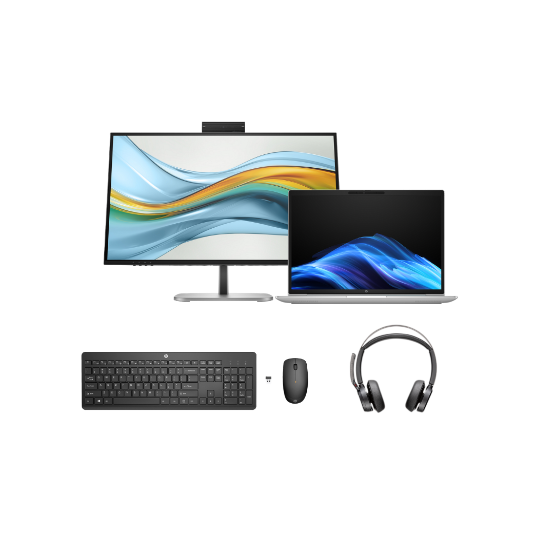 Ein Bundle bestehend aus einem Monitor, Laptop, Tastatur, Maus und Kopfhörern.