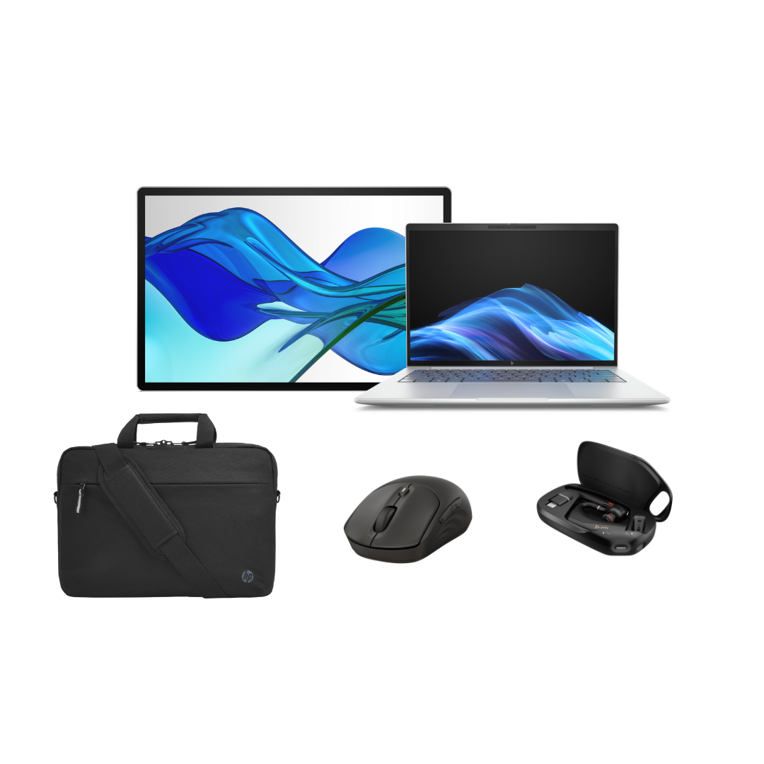 Ein Bundle bestehend aus einem Laptop, Maus, One Earpiece Headset und einem Rucksack.