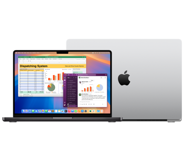 MacBook 14 Pro und Macbook 16 Pro aufgeklappt und mit der Rückseite voreinander gestellt.