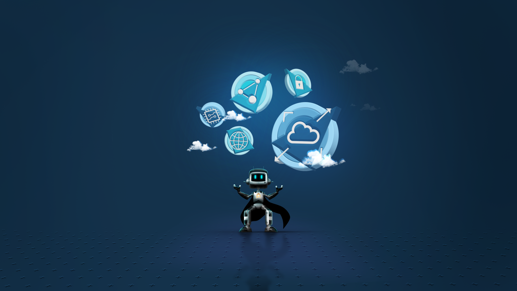 Ein Roboter lässt verschiedene Service-Icons vor sich schweben, als würde er digitale Dienste darstellen.