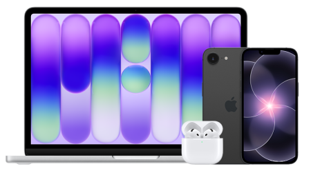 Apple Bundle bestehend aus MacBook Air 13 in Midnight, iPhone 16e in schwarz und AirPods in Weiss