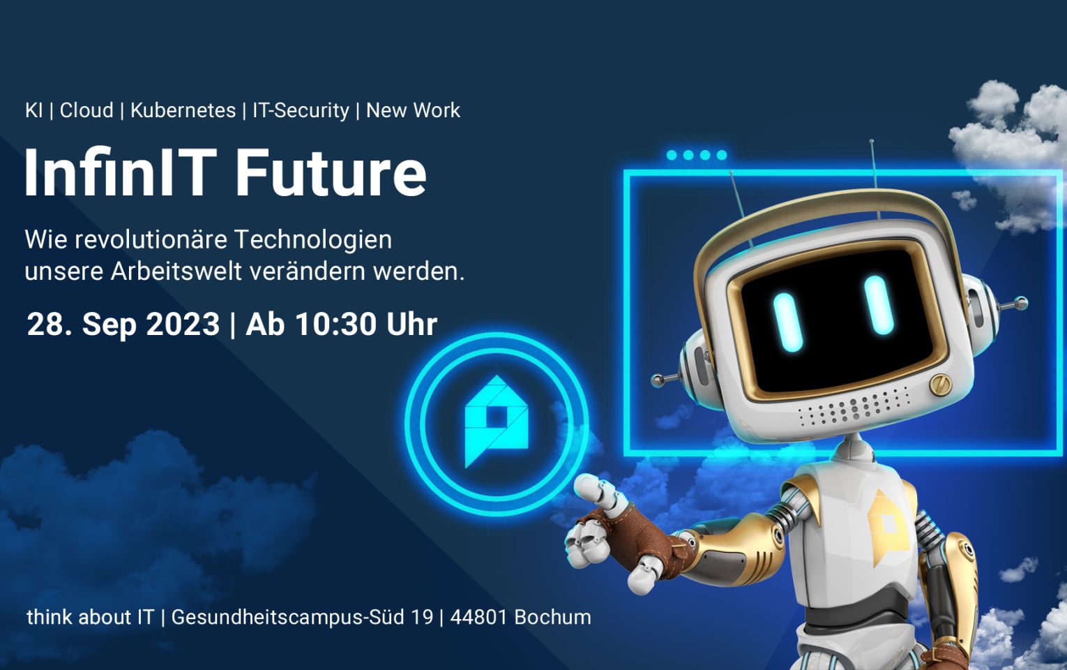 Ein Roboter deutet auf ein hellblau leuchtendes think about IT Logo, darüber steht die Überschrift InfinIT Future.