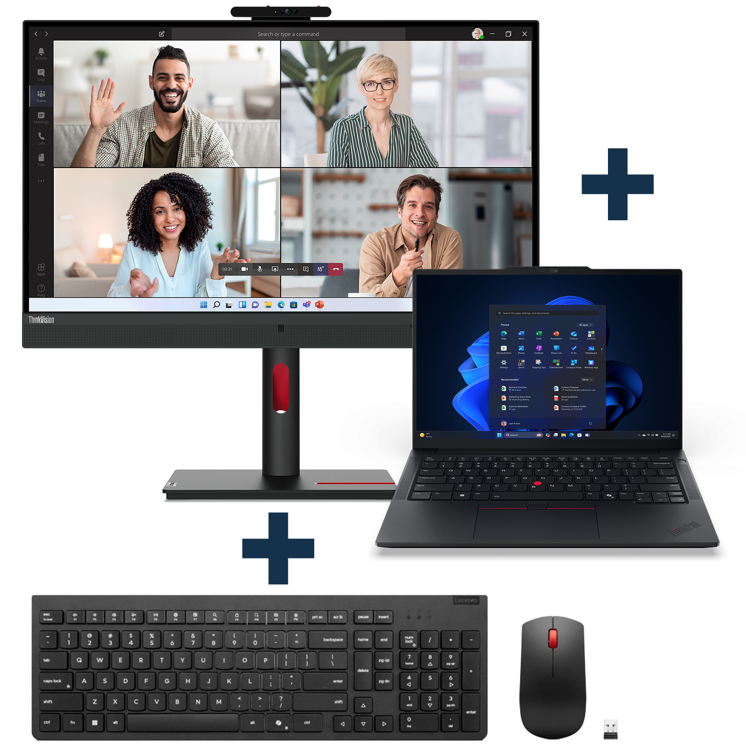  Ein Bundle, mit einem schwarzen Monitor, einem ThinkPad und einer schwarzen Wireless Tastatur mit eine Wireless Maus.