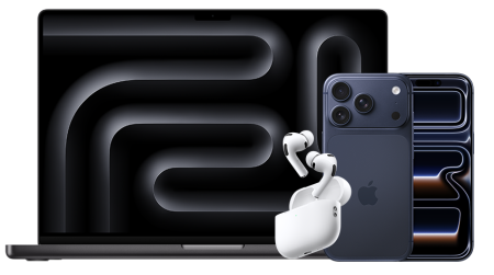 Apple Bundle bestehend aus MacBook Pro 16 in schwarz, iPhone 17 Pro in Space Blue und AirPods in Weiss