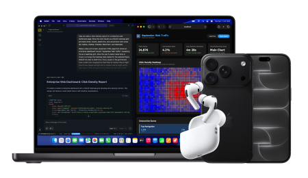 Apple Bundle bestehend aus MacBook Pro 16 in schwarz, iPhone 17 Pro in Space Blue und AirPods in Weiss