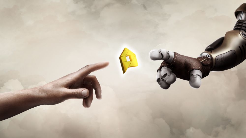 Eine menschliche und mechanische Hand, die beide den Finger ausstrecken und sich zueinander bewegen. Zwischen den Fingern ist das think about IT Logo.