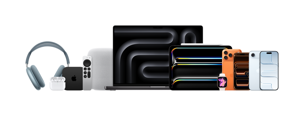 Verschiedene Apple Produkte wie, MacBook, iPad, iPhone, AirPods und Apple Watch.