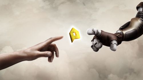 Eine menschliche und mechanische Hand, die beide den Finger ausstrecken und sich zueinander bewegen. Zwischen den Fingern ist das think about IT Logo.