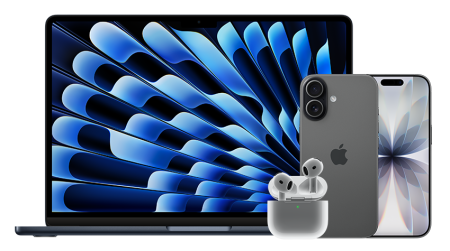 Apple Bundle bestehend aus MacBook Air 15 in Midnight, iPhone 17 in Grau und AirPods in Weiss