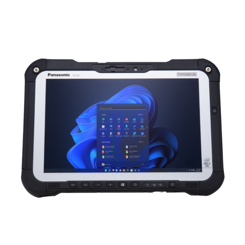 Toughbook G2, Notebook in weiß mit schwarzer Hülle.