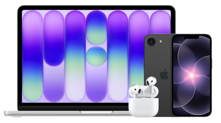 Apple Bundle bestehend aus MacBook Air 13 in Midnight, iPhone 16e in schwarz und AirPods in Weiss