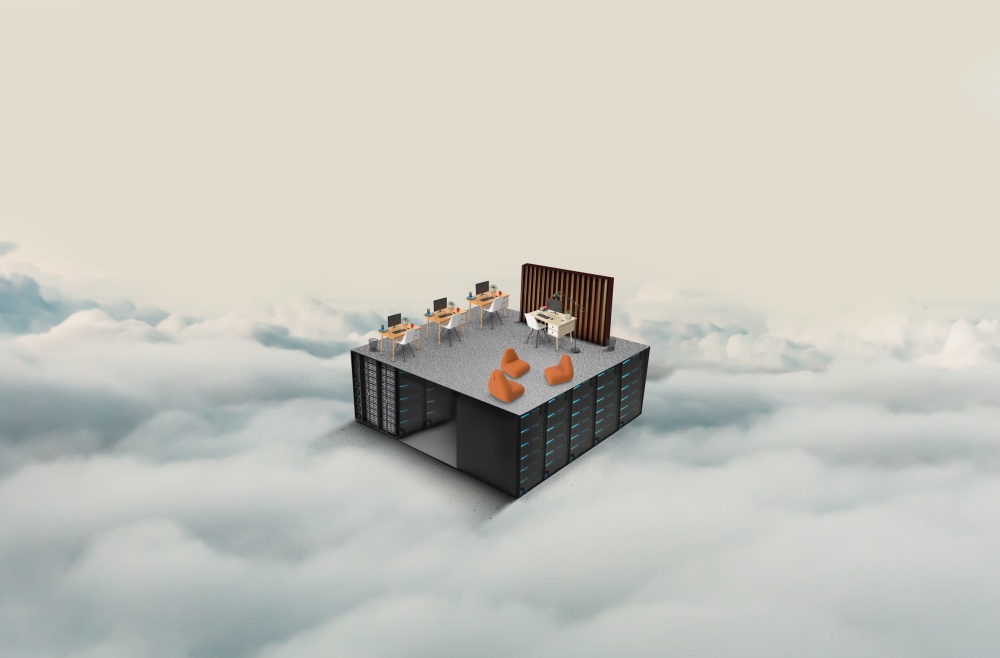 Eine Plattform bestehend aus Server-Racks liegt auf einer Decke von Wolken. Auf der Plattform stehen vier Arbeitsplätze mit Computern und dekorierten Tischen und einem Kreis aus Sitzsäcken.