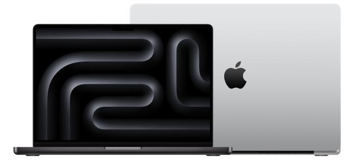 MacBook 14 Pro und Macbook 16 Pro aufgeklappt und mit der Rückseite voreinander gestellt.